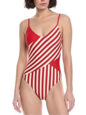 summersalt Red and Cream Striped One-Piece Swimsuit Size 8 Medium Preppy Design